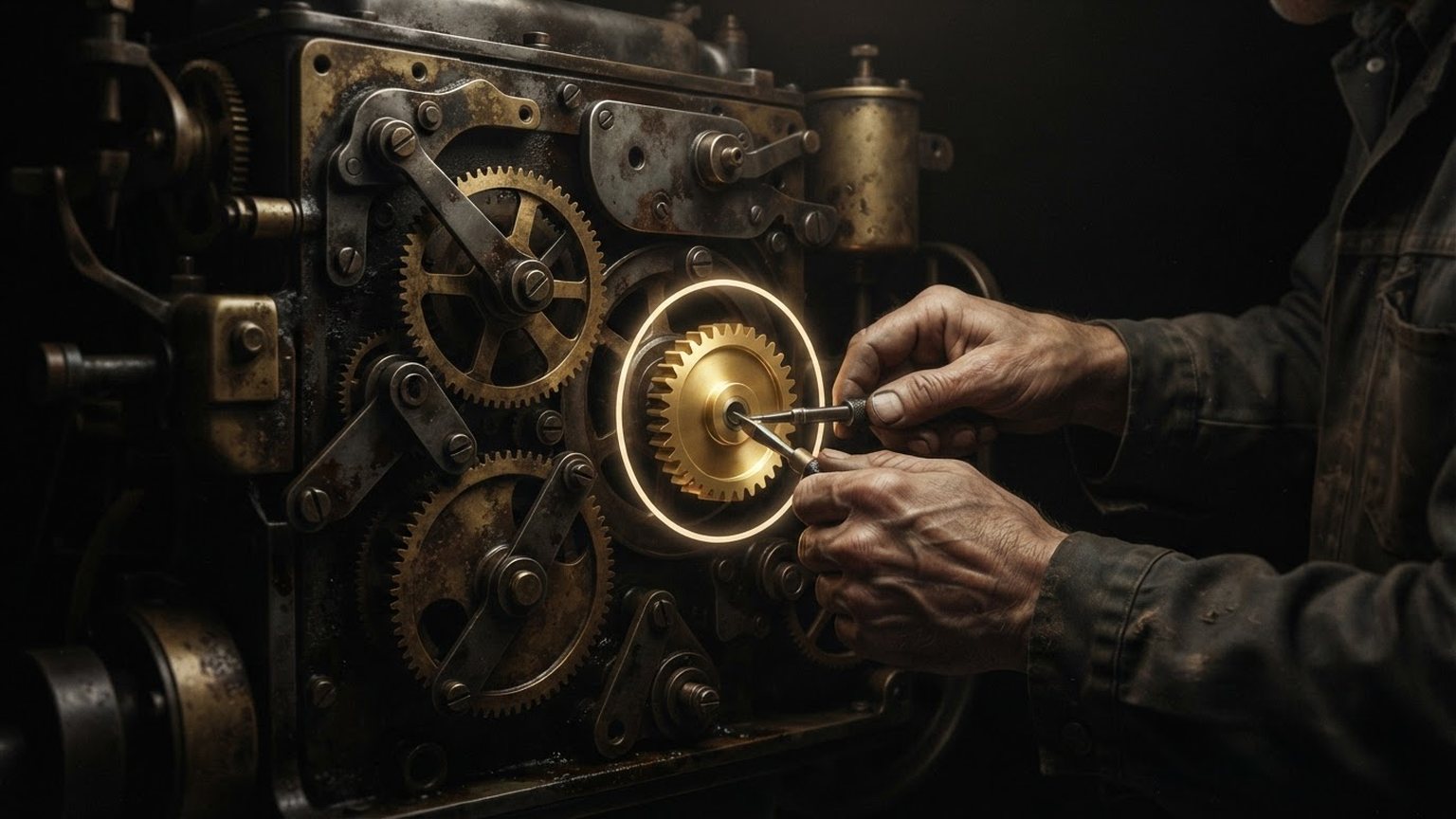 Ruky mechanika vkladajú nové zlaté ozubené koliesko do starého mosadzného stroja, koliesko obklopuje svetelný kruh